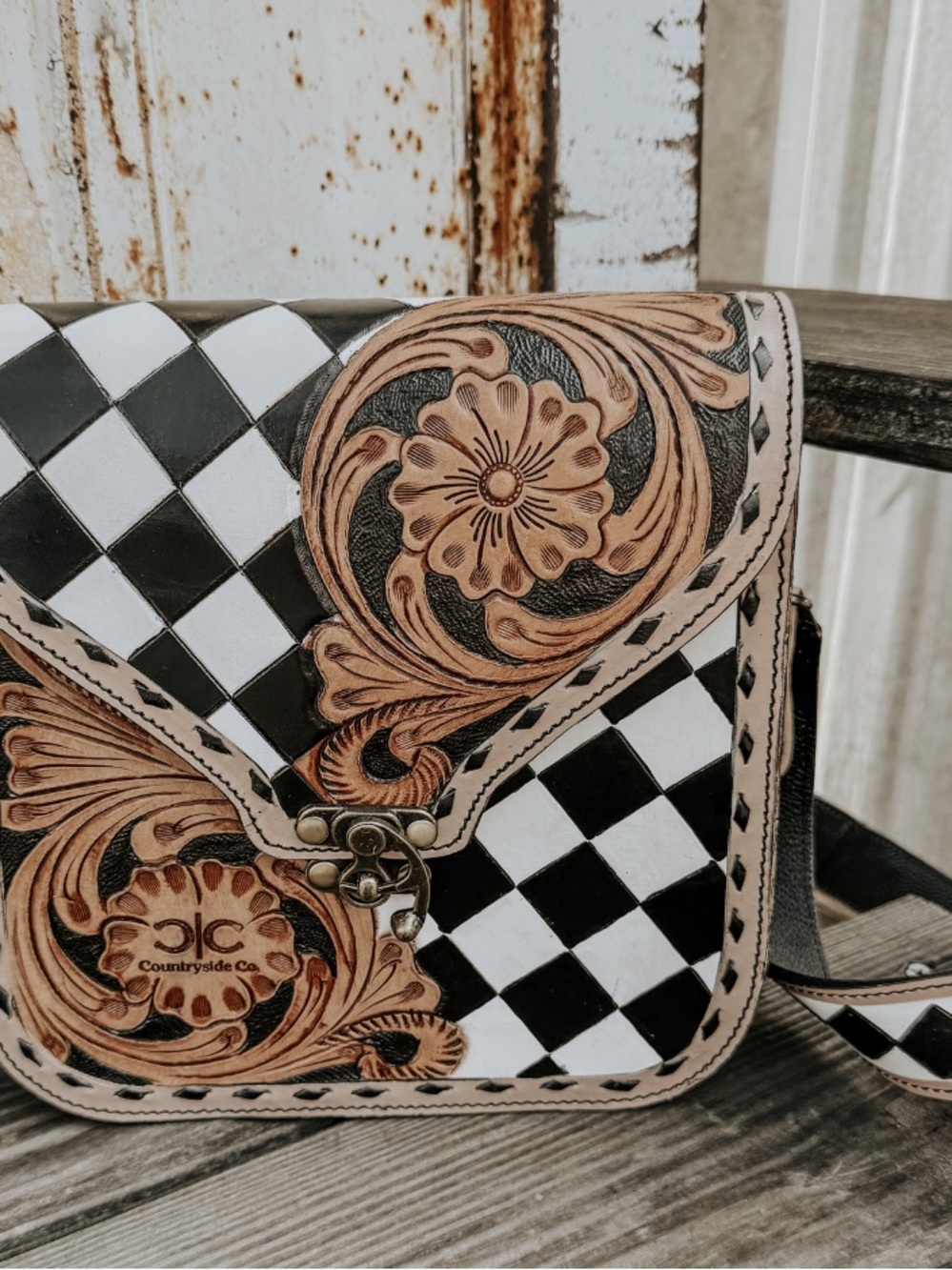 Women's Black & Tan Floral Check Crossbody Bag